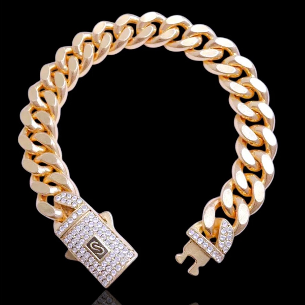 Miami Cuban Gold Filled Chain Bracelet with CZ Rhinestones